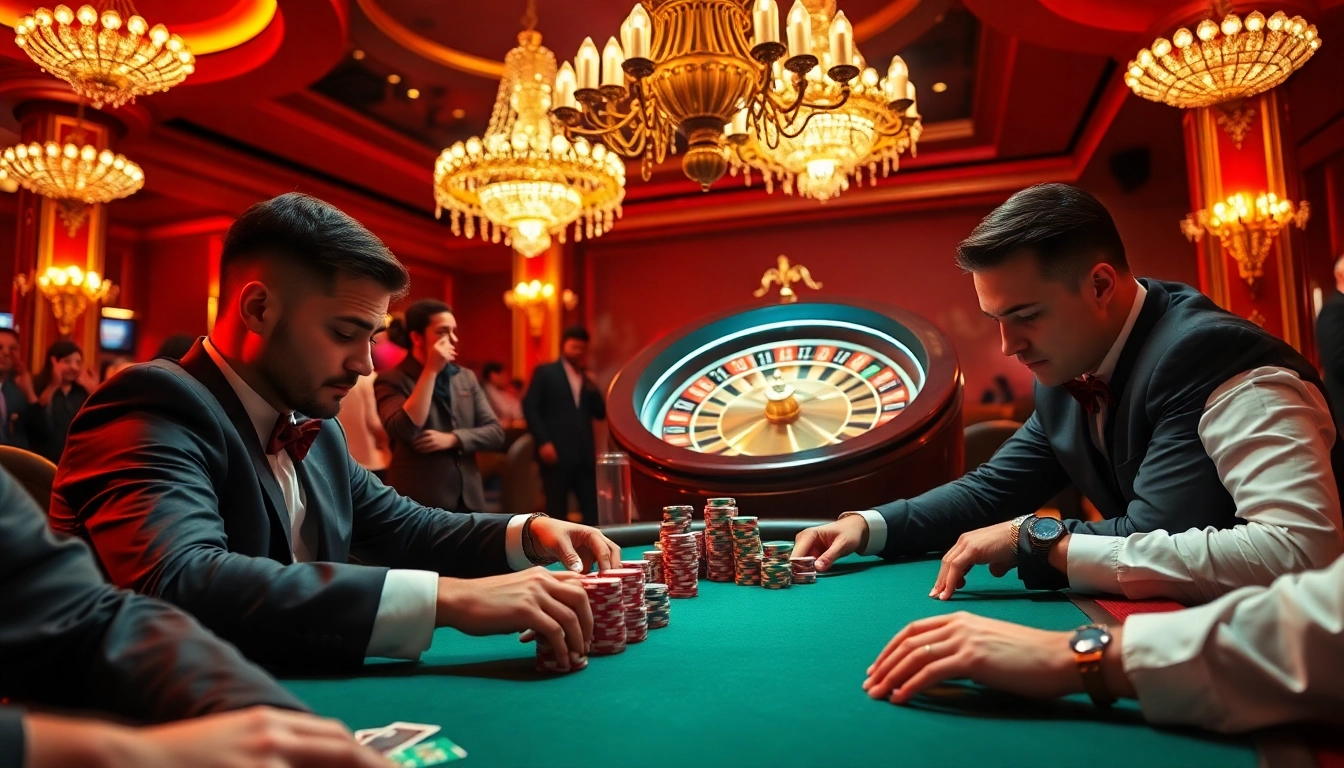 High-stakes poker players engaged in thrilling gameplay, showcasing Thabet77 branded chips and vibrant casino atmosphere.