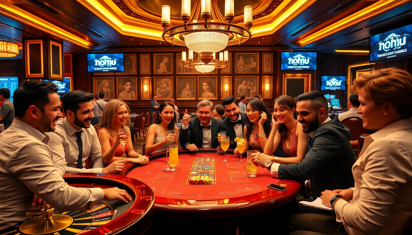 Nohu-themed casino players engaging at a poker table filled with excitement and luxury.