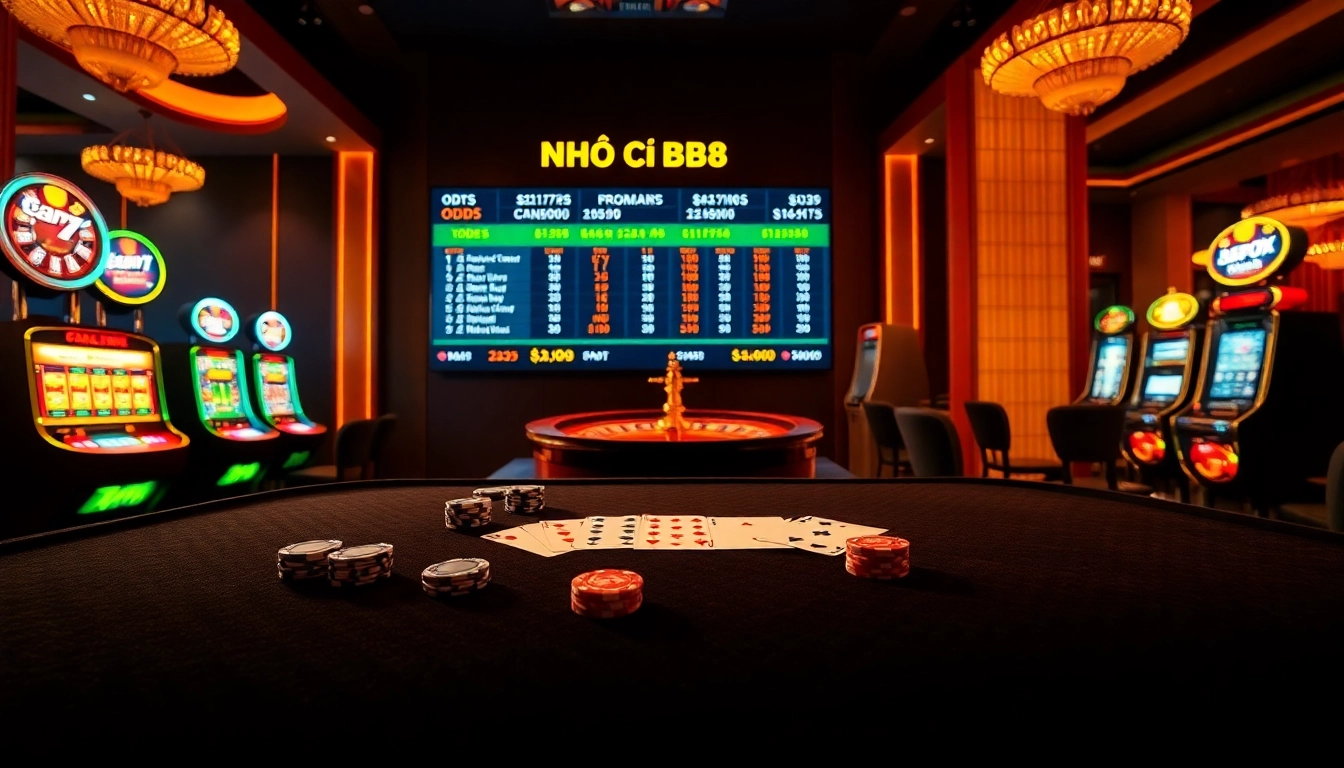 Experience the thrill of NHÀ CÁI B8 with a vibrant casino scene featuring poker chips and roulette.