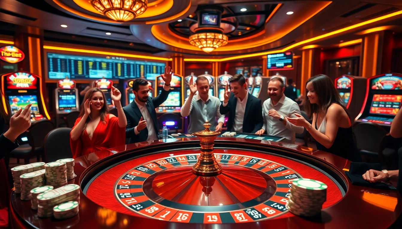 Engaging casino scene showcasing tha-bet pro with roulette and excited players in luxury.