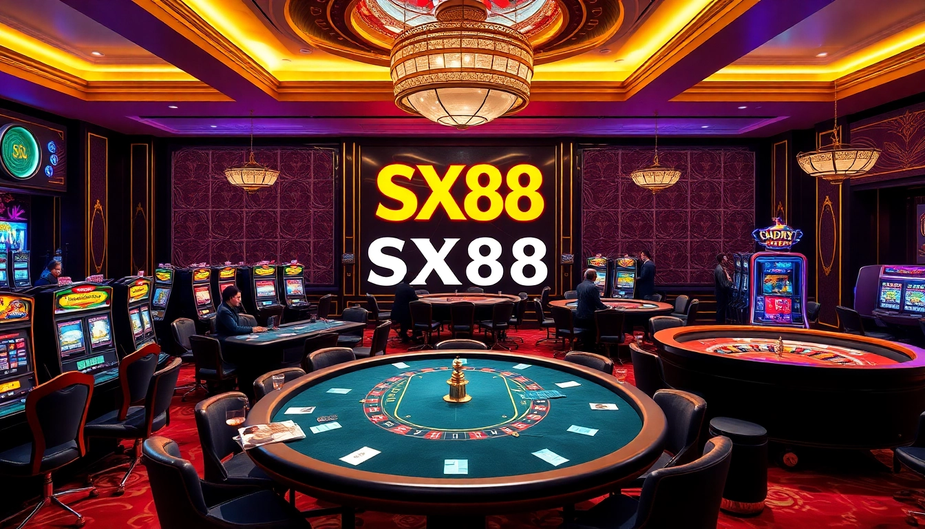 SX88 casino scene featuring poker tables, vibrant slot machines, and roulette wheels.