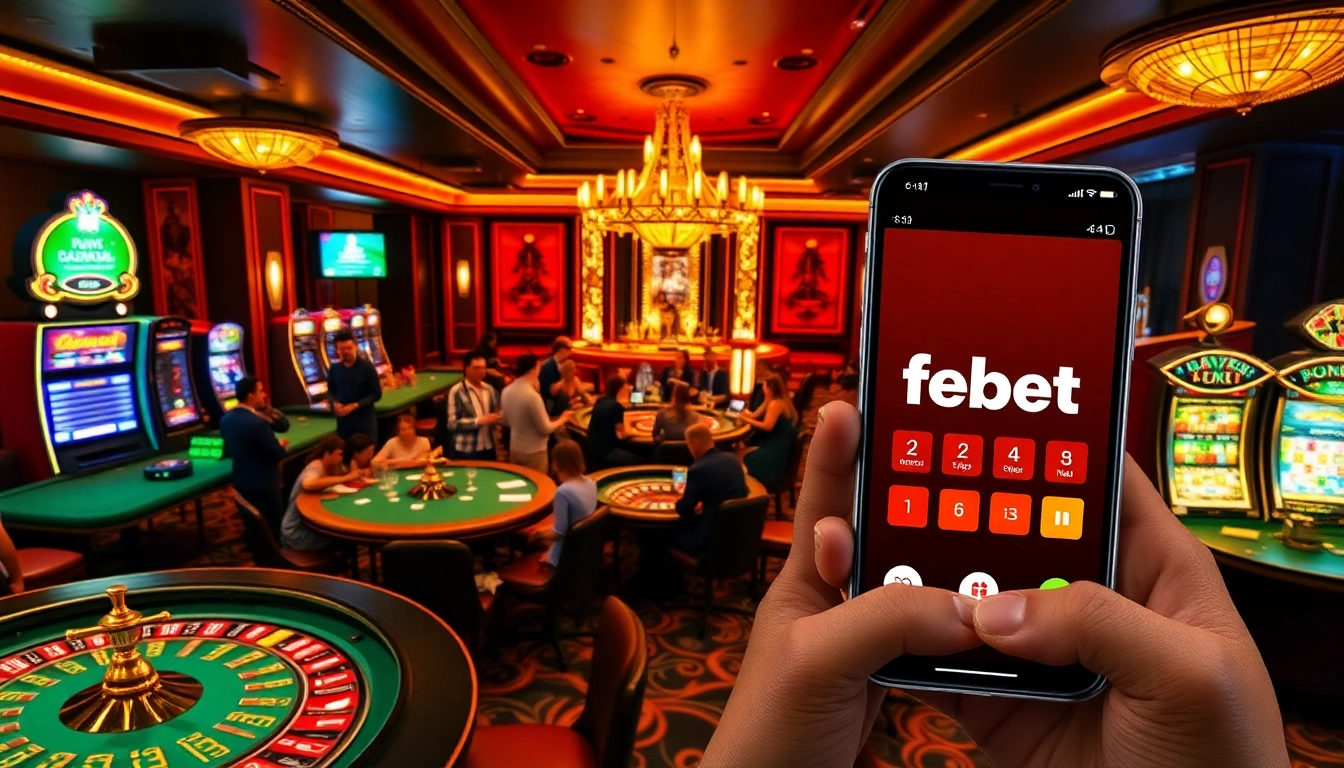 Players enjoying casino games with the app febet on a smartphone, showcasing excitement and luxury.
