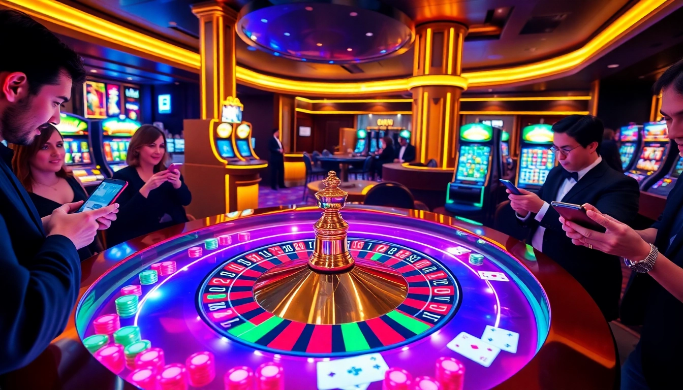 Excited players enjoying the app 58win in a luxurious casino environment with poker chips and a roulette wheel.