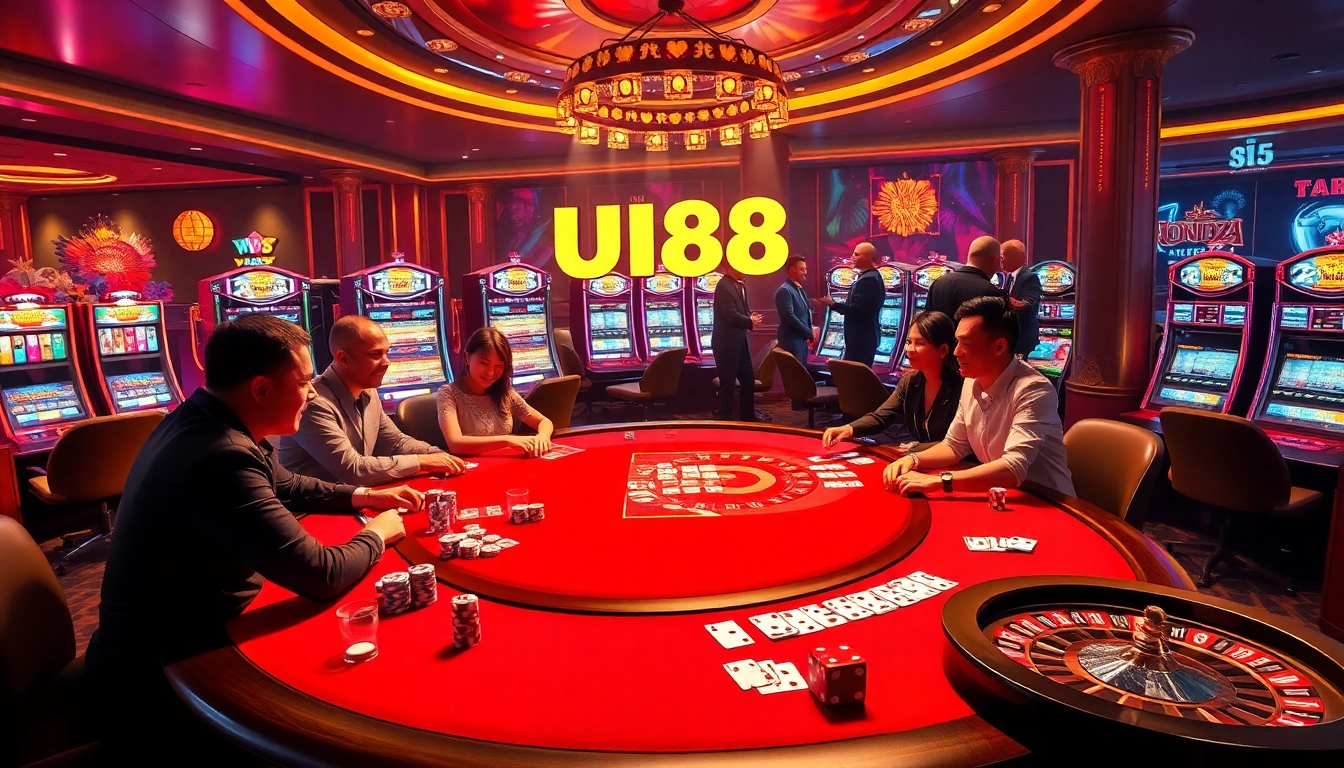 UU88 players enjoying a high-stakes poker game amidst vibrant casino visuals.