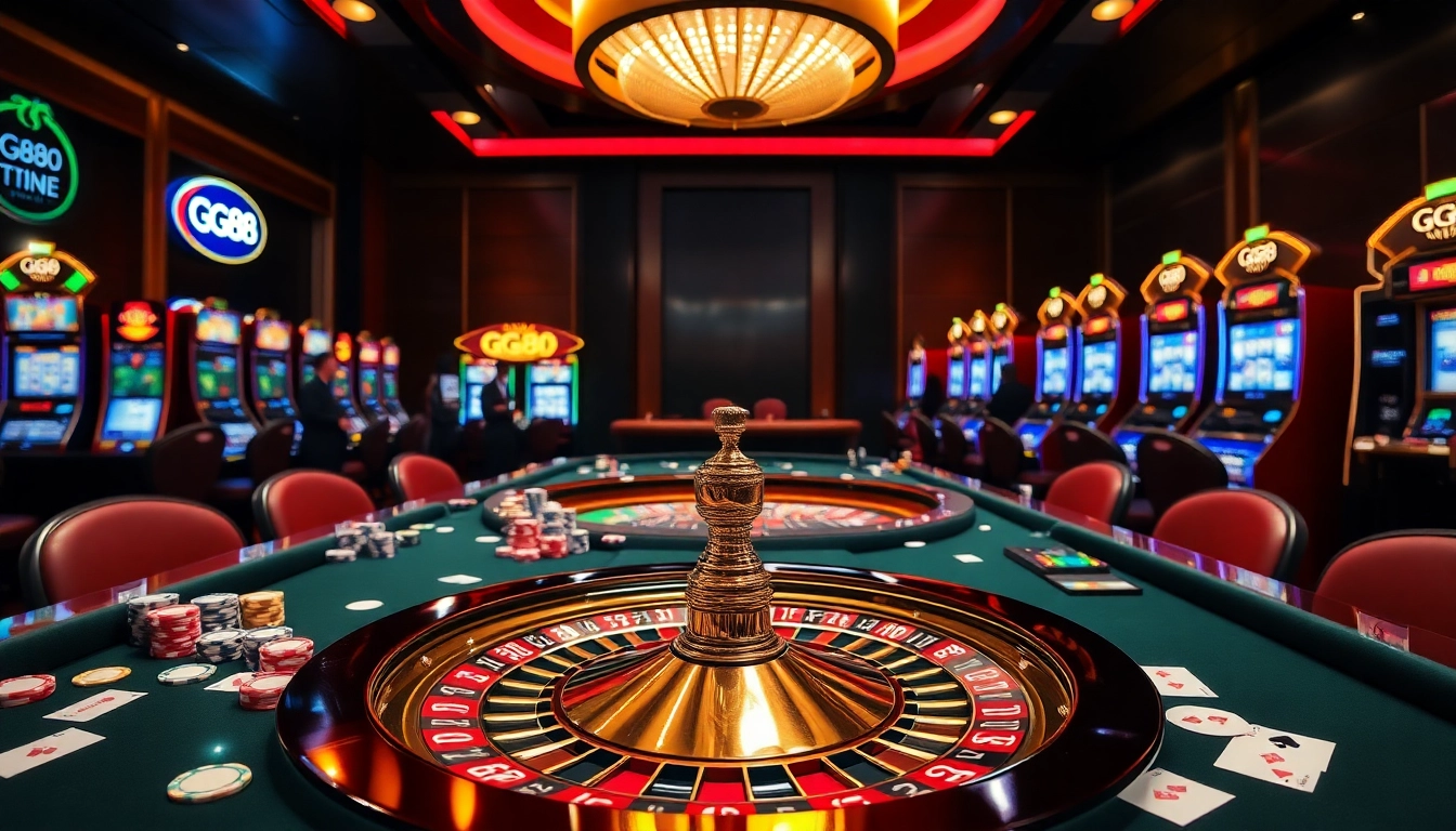 Players engaging with casino games at GG88, featuring poker chips and roulette wheel.