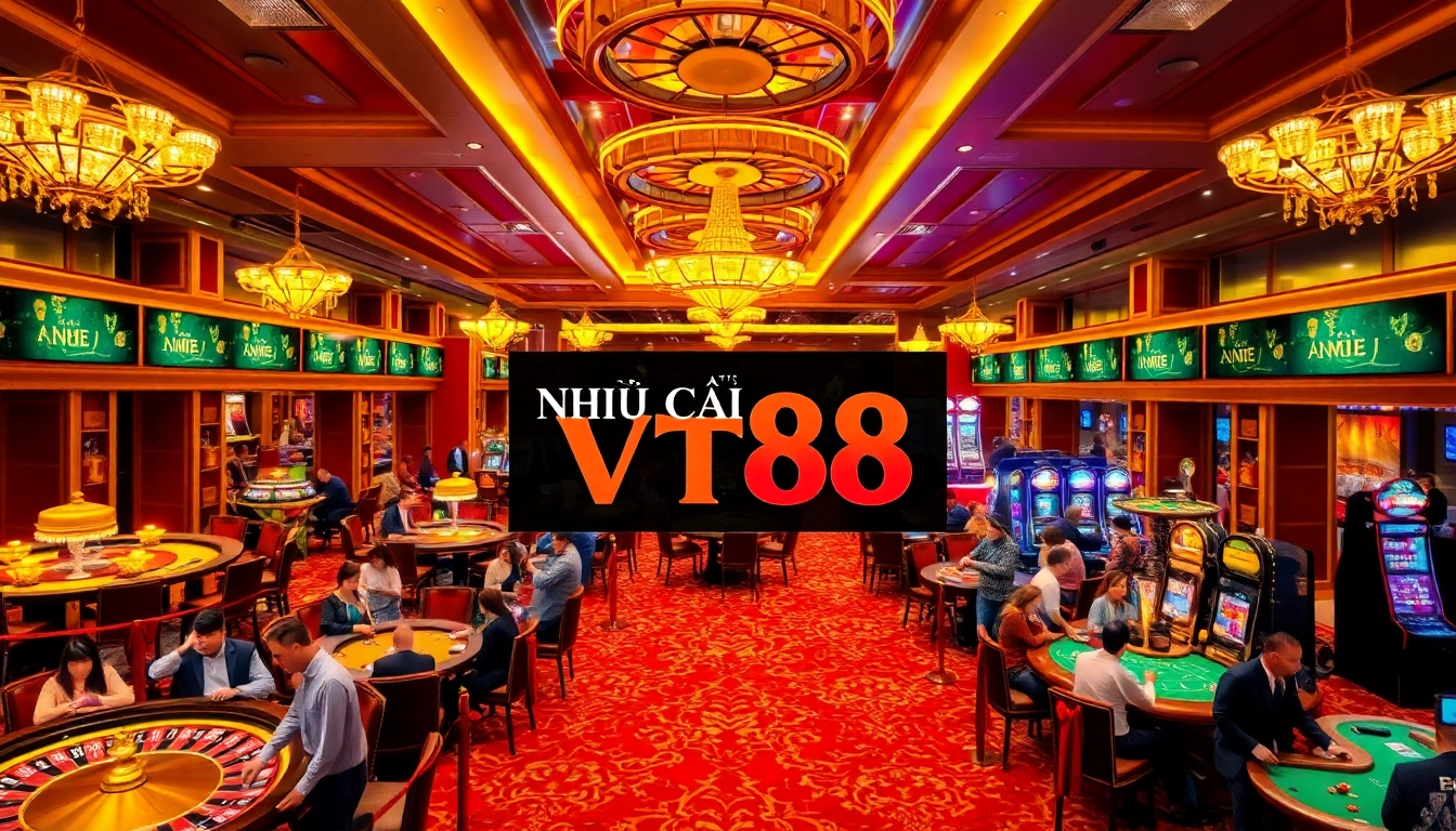 Gambling action at the NHÀ CÁI VT88 casino, featuring lively players at poker tables.
