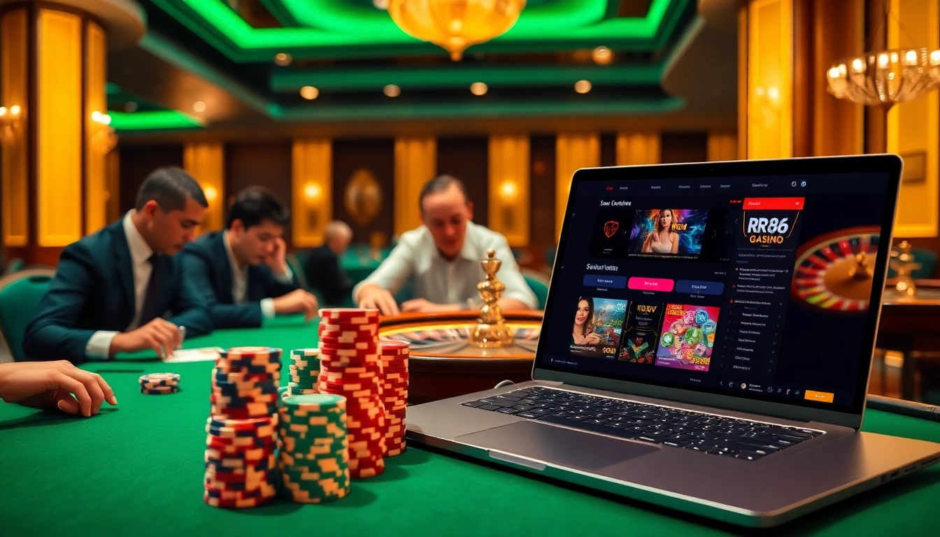 Experience the thrill of RR88 gaming at a luxury casino table with poker chips and cards.