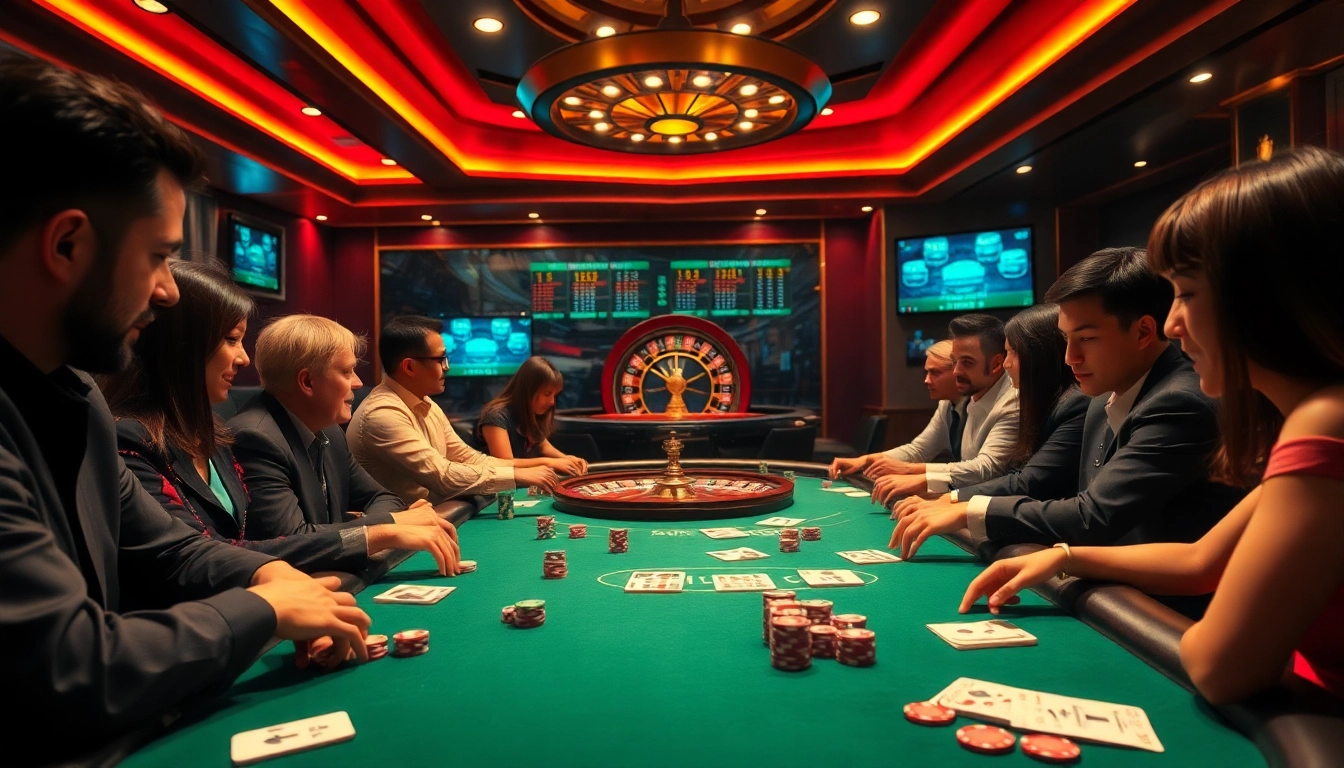 Intense poker action at a casino table showcasing 7m cn scores and odds in an upscale atmosphere.