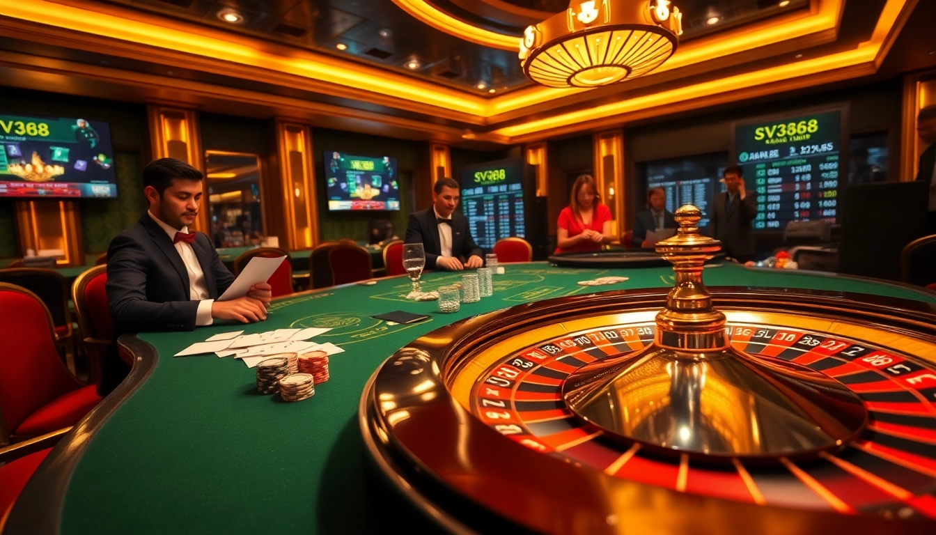 Exciting SV368 casino scene with a luxurious gaming table, chips, and cards.