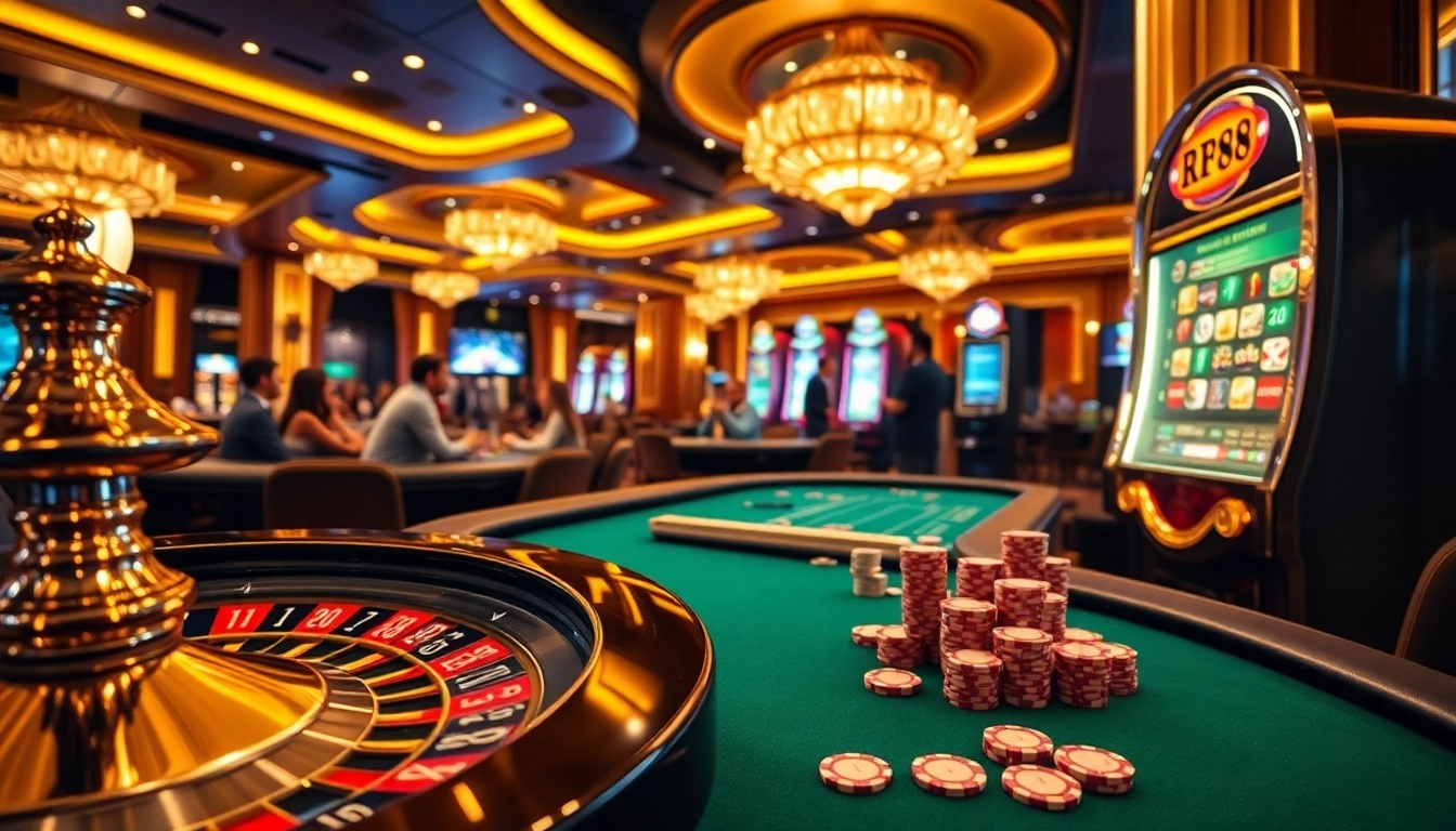 RR88 players betting at luxurious casino tables with poker chips and roulette wheels.