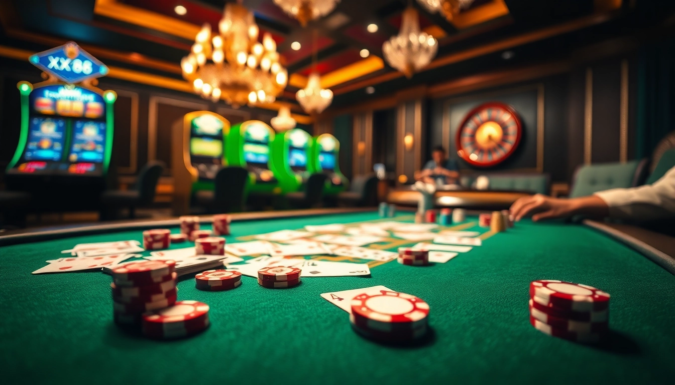 Experience thrilling poker action at XX88 US casino with luxurious tables and vibrant chips.