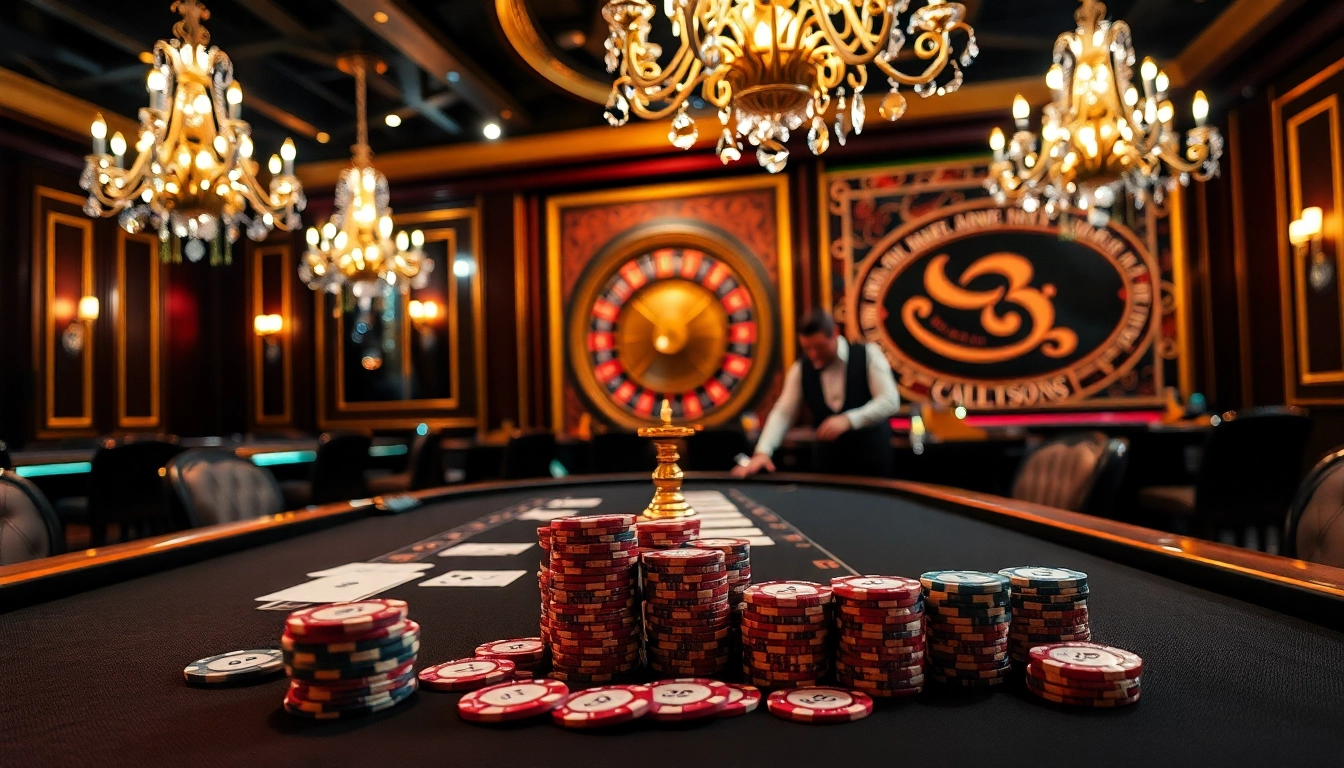 Exciting casino poker scene showcasing DA88 chips and elegant decor.