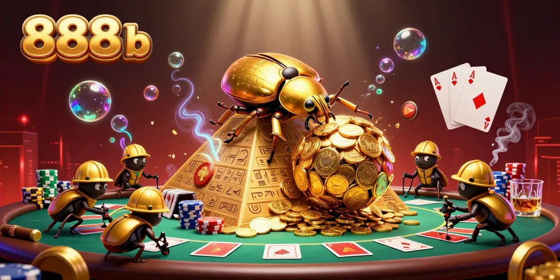 Experience thrilling gameplay at 888b with golden coins, poker tables, and cartoon beetles.