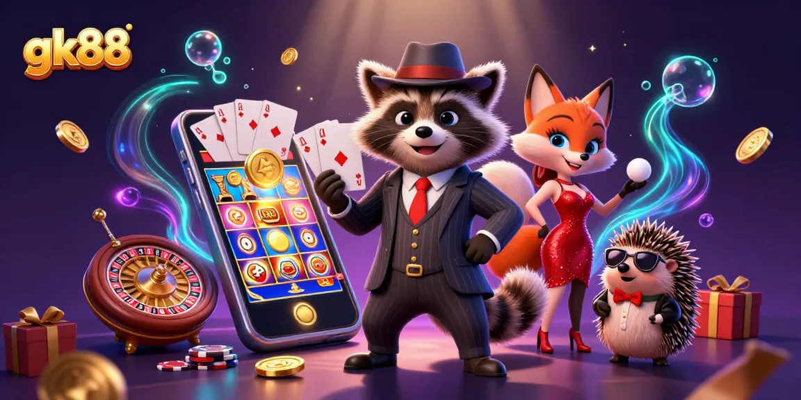 Experience the excitement of gk88 with a raccoon, fox, and hedgehog in a lively casino scene.