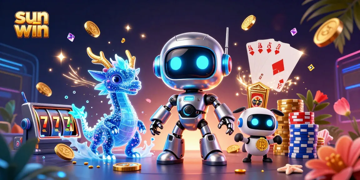 Experience sun win with vibrant 3D casino elements and a cartoon robot alongside exciting game visuals.