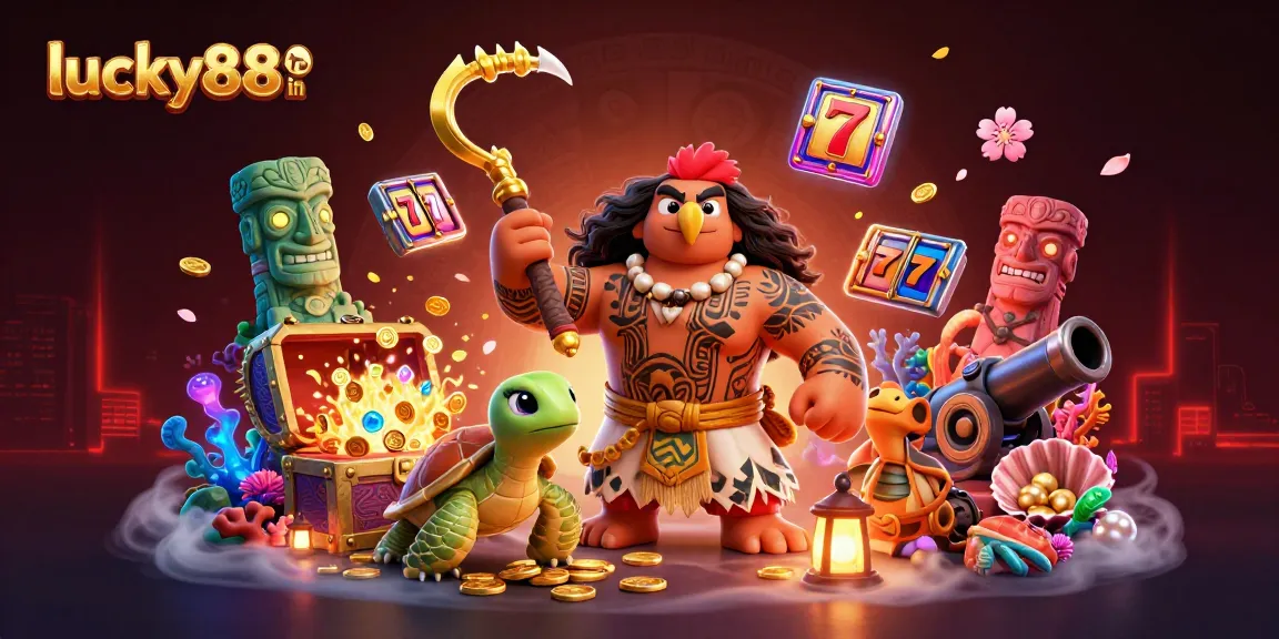 Join the action at lucky88 in with a vibrant casino scene featuring a demigod and treasures.