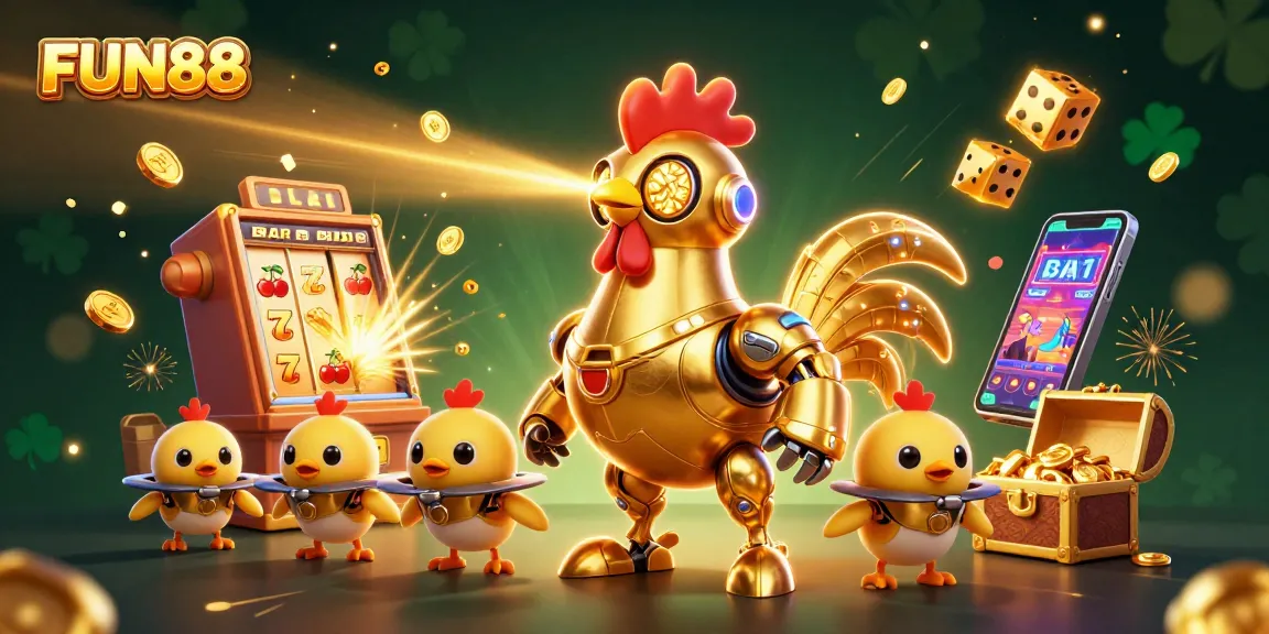 Engage with FUN88's thrilling world of gaming and entertainment, featuring a golden rooster robot.